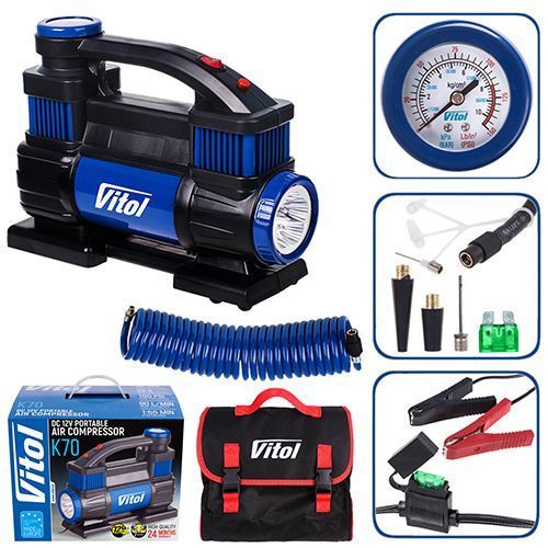 Компресор "ViTOL" K-70 150psi/25Amp /90л/2 циліндра /шланг 1,0+5,0м/клеми 00398 фото