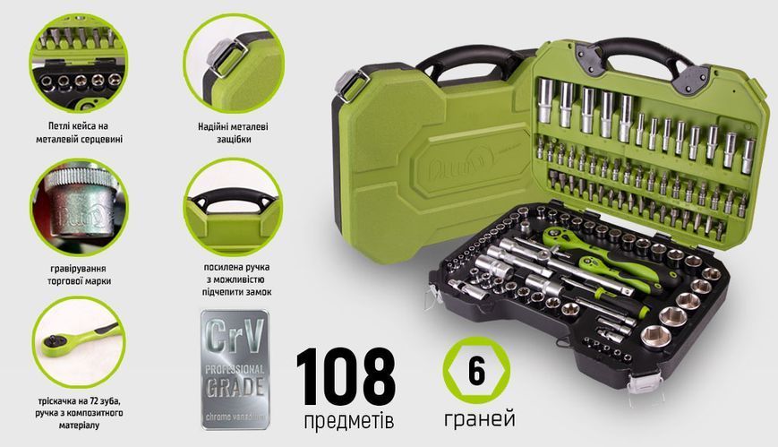 Набор инструмента Alloid 1/4" & 1/2", 108 предм. (6 гран.) Трещотки 72 зуба.(TS-108) 00307 фото