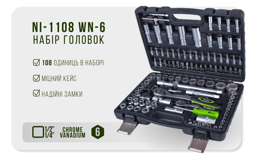 Набор инструмента Alloid Base 1/2" и 1/4" 108 пр. Трещотка 72 зб. (NI-1108 WN-6) 00310 фото