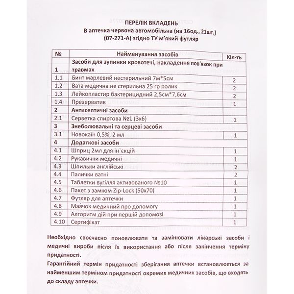 Аптечка медична автомобiльна (07-271-А), 16од. 21шт червоний мякий футляр 07-271-А фото