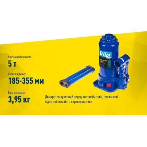 Домкрат гидравлический телескопический 5т карт. коробка. Высота подъема 185-358 мм. 4.1кг Iron Hand (IH-185355D) 00345 фото